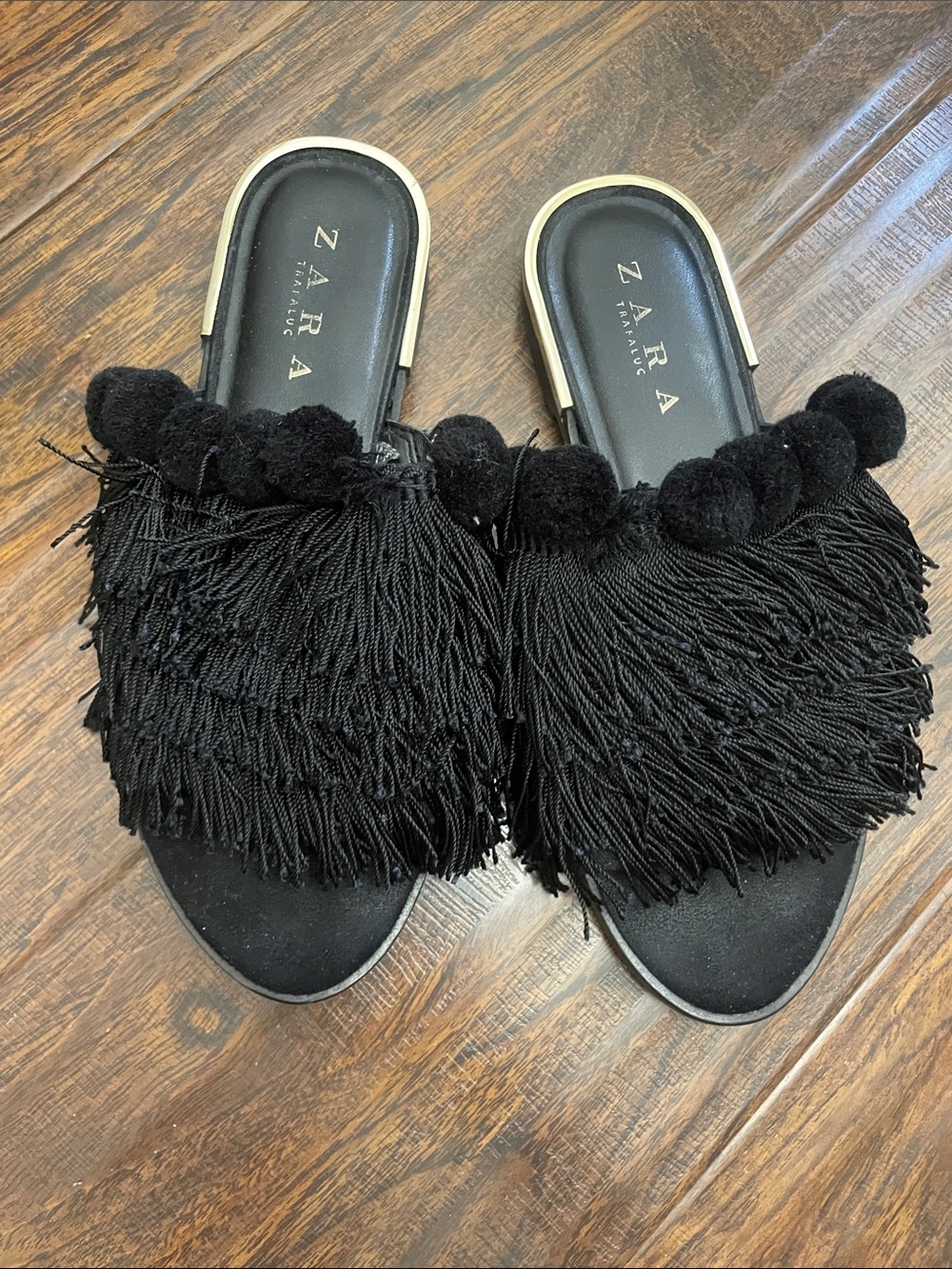 Zara Black Fringe Pom-Pom Slide Mules - Picture 2 of 4